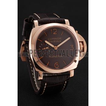 Swiss Panerai Luminor Marina Brown Dial Rose Gold Case Brown Leather Strap 1453843 Replica