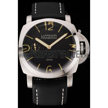 Cheap Swiss Panerai Luminor 1950 Black Dial Stainless Steel Case Black Leather Strap 1453853