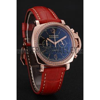 Panerai Radiomir 8 Days Chronograph Black Dial Diamond Bezel Rose Gold Case Red Leather Strap 1453797