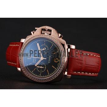 Panerai Radiomir 8 Days Chronograph Black Dial Diamond Bezel Rose Gold Case Red Leather Strap 1453797