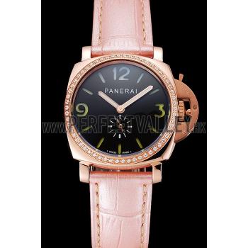 Panerai Radiomir Black Dial Diamond Bezel Rose Gold Case Pink Leather Strap 1453801 Replica