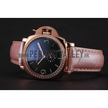 Panerai Radiomir Black Dial Diamond Bezel Rose Gold Case Pink Leather Strap 1453801 Replica