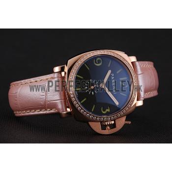 Panerai Radiomir Black Dial Diamond Bezel Rose Gold Case Pink Leather Strap 1453801 Replica