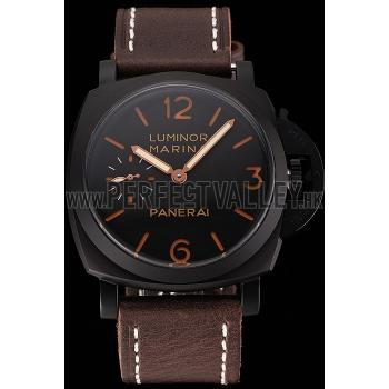 Swiss Panerai Luminor Marina Black Dial Black PVD Case Brown Leather Strap 1453847