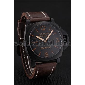 Swiss Panerai Luminor Marina Black Dial Black PVD Case Brown Leather Strap 1453847