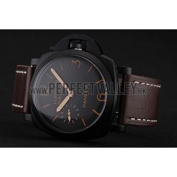 Swiss Panerai Luminor Marina Black Dial Black PVD Case Brown Leather Strap 1453847