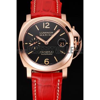 Swiss Panerai Luminor Marina Black Dial Rose Gold Case Red Leather Strap