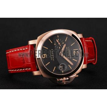 Swiss Panerai Luminor Marina Black Dial Rose Gold Case Red Leather Strap