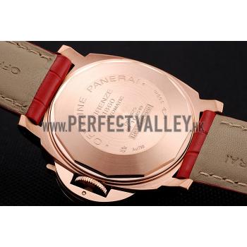 Swiss Panerai Luminor Marina Black Dial Rose Gold Case Red Leather Strap