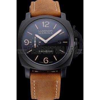 Replica Panerai Luminor Marina Black Dial Matte Black Steel Case Brown Suede Leather Strap