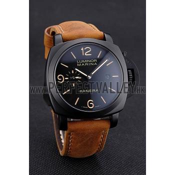 Replica Panerai Luminor Marina Black Dial Matte Black Steel Case Brown Suede Leather Strap