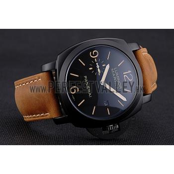 Replica Panerai Luminor Marina Black Dial Matte Black Steel Case Brown Suede Leather Strap