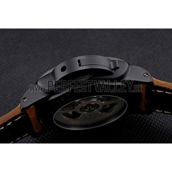 Replica Panerai Luminor Marina Black Dial Matte Black Steel Case Brown Suede Leather Strap