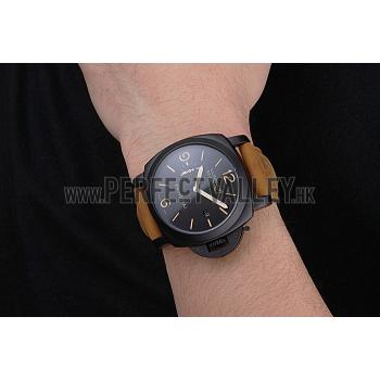 Replica Panerai Luminor Marina Black Dial Matte Black Steel Case Brown Suede Leather Strap