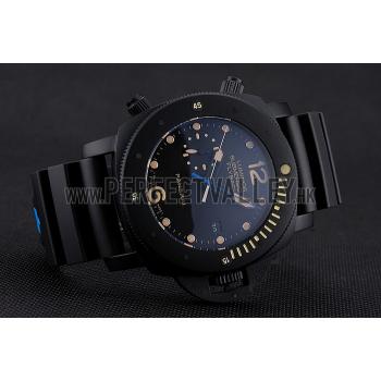 Panerai Luminor Submersible Flyback Date Black Dial Yellow Markings Black Ionized Case Black Rubber Strap