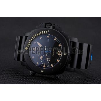 Panerai Luminor Submersible Flyback Date Black Dial Yellow Markings Black Ionized Case Black Rubber Strap