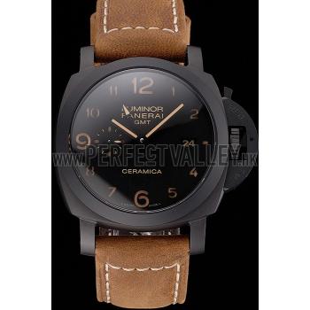 Swiss Panerai Luminor GMT Ceraica Black Dial Black Case Brown Leather Strap Replica