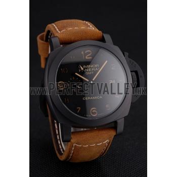 Swiss Panerai Luminor GMT Ceraica Black Dial Black Case Brown Leather Strap Replica