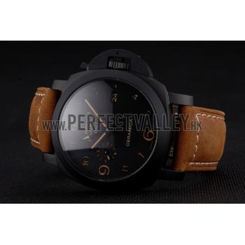 Swiss Panerai Luminor GMT Ceraica Black Dial Black Case Brown Leather Strap Replica