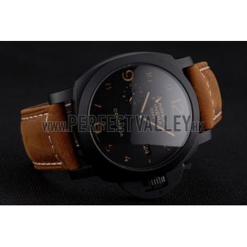 Swiss Panerai Luminor GMT Ceraica Black Dial Black Case Brown Leather Strap Replica