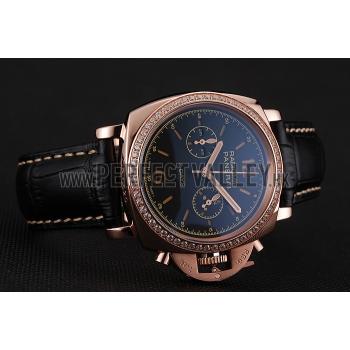 Replica Panerai Radiomir 8 Days Chronograph Black Dial Diamond Bezel Rose Gold Case Black Leather Strap 1453798