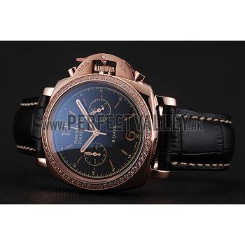 Replica Panerai Radiomir 8 Days Chronograph Black Dial Diamond Bezel Rose Gold Case Black Leather Strap 1453798