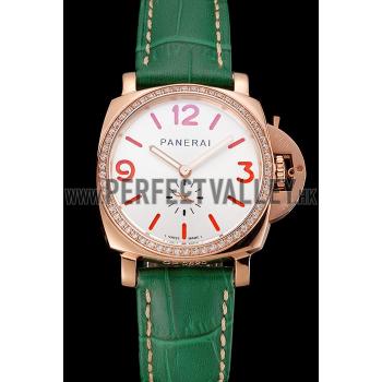 Replica Panerai Radiomir White Dial Diamond Bezel Rose Gold Case Green Leather Strap 1453803