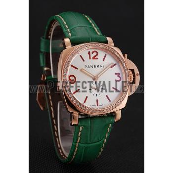 Replica Panerai Radiomir White Dial Diamond Bezel Rose Gold Case Green Leather Strap 1453803