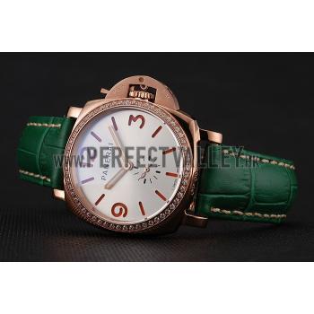 Replica Panerai Radiomir White Dial Diamond Bezel Rose Gold Case Green Leather Strap 1453803