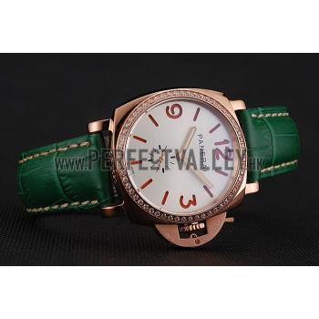 Replica Panerai Radiomir White Dial Diamond Bezel Rose Gold Case Green Leather Strap 1453803