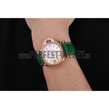 Replica Panerai Radiomir White Dial Diamond Bezel Rose Gold Case Green Leather Strap 1453803