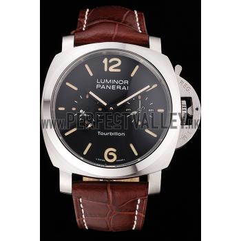 Panerai Luminor 1950 Tourbillon GMT Black Dial Stainless Steel Case Brown Leather Strap