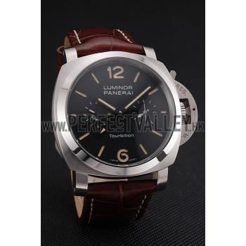 Panerai Luminor 1950 Tourbillon GMT Black Dial Stainless Steel Case Brown Leather Strap