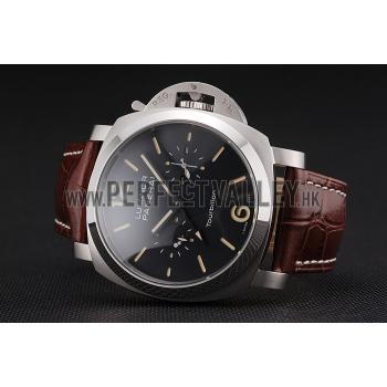 Panerai Luminor 1950 Tourbillon GMT Black Dial Stainless Steel Case Brown Leather Strap