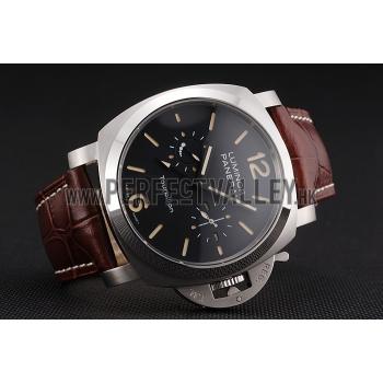 Panerai Luminor 1950 Tourbillon GMT Black Dial Stainless Steel Case Brown Leather Strap