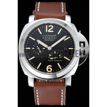 Replica Panerai Luminor Automatic Power Reserve Black Dial Stainless Steel Case Brown Leather Strap