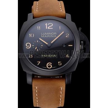 Replica Panerai Luminor Marina 1950 Black Dial Matte Black Steel Case Brown Suede Leather Strap