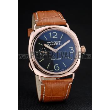 Panerai Radiomir Rose Gold Case Black Dial Brown Leather Strap 98137 Replica