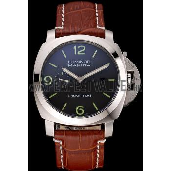 Panerai Luminor Marina 1950 Black Dial Brushed Steel Case Light Brown Leather Strap