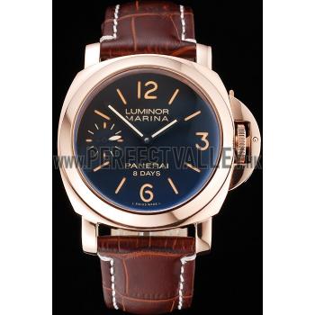 Panerai Luminor Marina 8 Days Black Dial Rose Gold Case Brown Leather Strap Replica