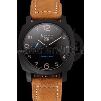 Replica Swiss Panerai Luminor GMT Carbotech Black Dial Black Case Brown Leather Strap