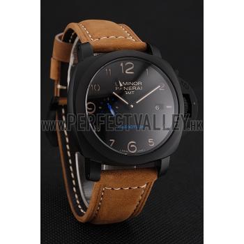 Replica Swiss Panerai Luminor GMT Carbotech Black Dial Black Case Brown Leather Strap