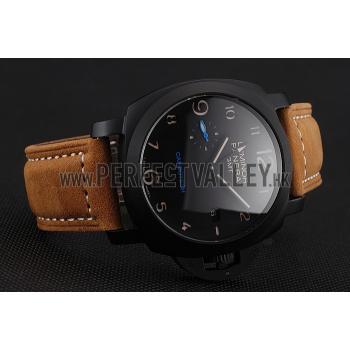 Replica Swiss Panerai Luminor GMT Carbotech Black Dial Black Case Brown Leather Strap