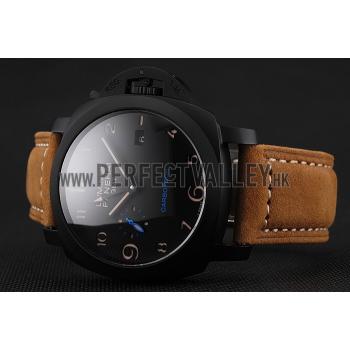 Replica Swiss Panerai Luminor GMT Carbotech Black Dial Black Case Brown Leather Strap