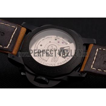 Replica Swiss Panerai Luminor GMT Carbotech Black Dial Black Case Brown Leather Strap