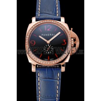 Panerai Radiomir Black Dial Diamond Bezel Rose Gold Case Blue Leather Strap 1453800