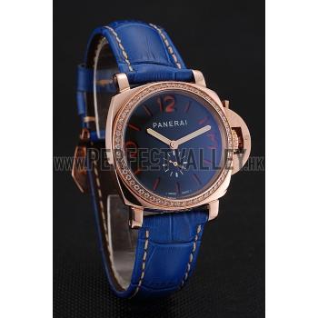 Panerai Radiomir Black Dial Diamond Bezel Rose Gold Case Blue Leather Strap 1453800