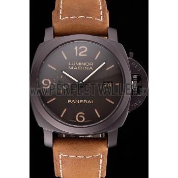 Replica Swiss Panerai Luminor Marina 1950 3 Days Brown Dial Black Case Brown Leather Strap