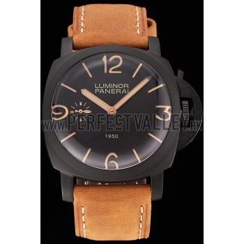 Swiss Panerai Luminor 1950 Black Dial Black PVD Case Brown Suede Leather Strap 1453851