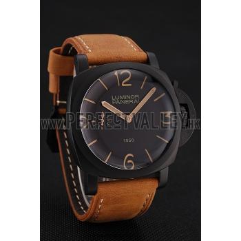 Swiss Panerai Luminor 1950 Black Dial Black PVD Case Brown Suede Leather Strap 1453851